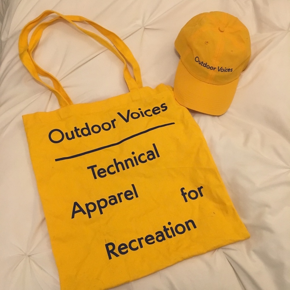 2pc yellow Outdoor Voices Boston hat and tote